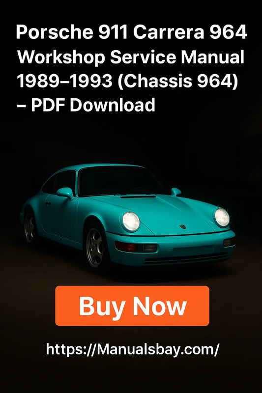 Advertisement for Porsche 911 Carrera 964 workshop service manual with a teal car on a dark background.