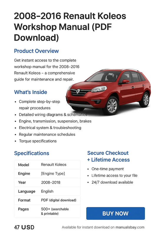 Advertisement for 2008-2016 Renault Koleos workshop manual with a red car image.