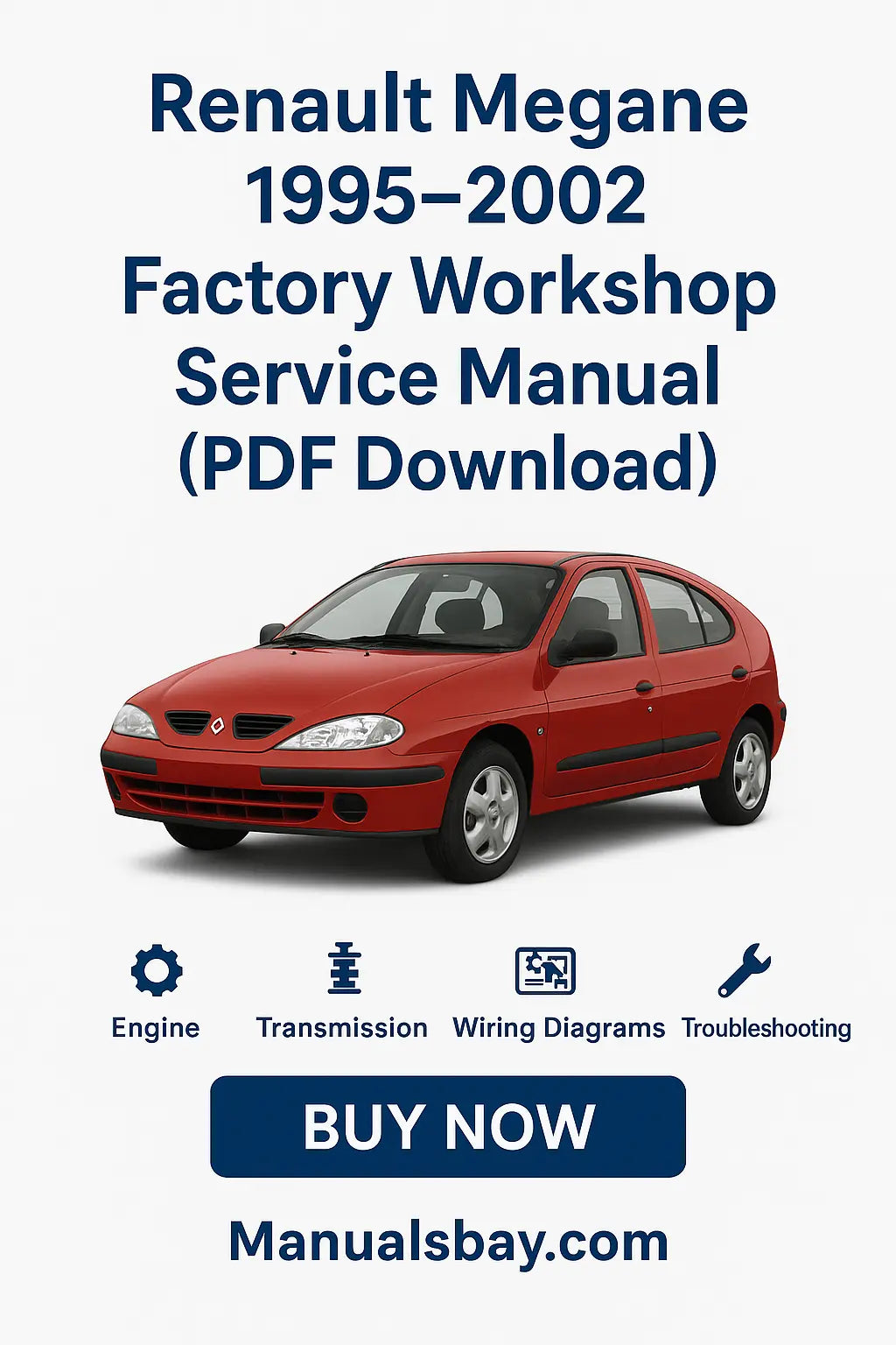 Renault Megane workshop service manual PDF download with car image and 'Manualsbay.com' branding.