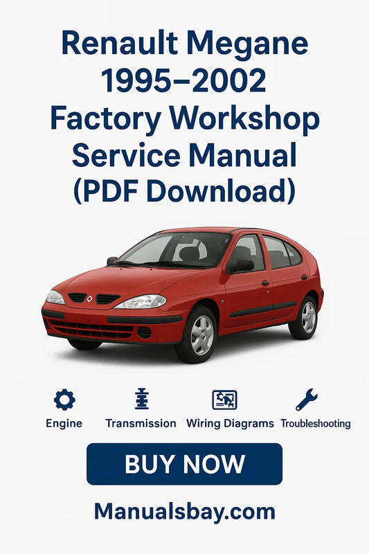 Renault Megane workshop service manual PDF download with car image and 'Manualsbay.com' branding.
