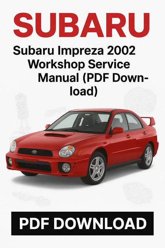 Red Subaru Impreza with text about workshop service manual download on a white background