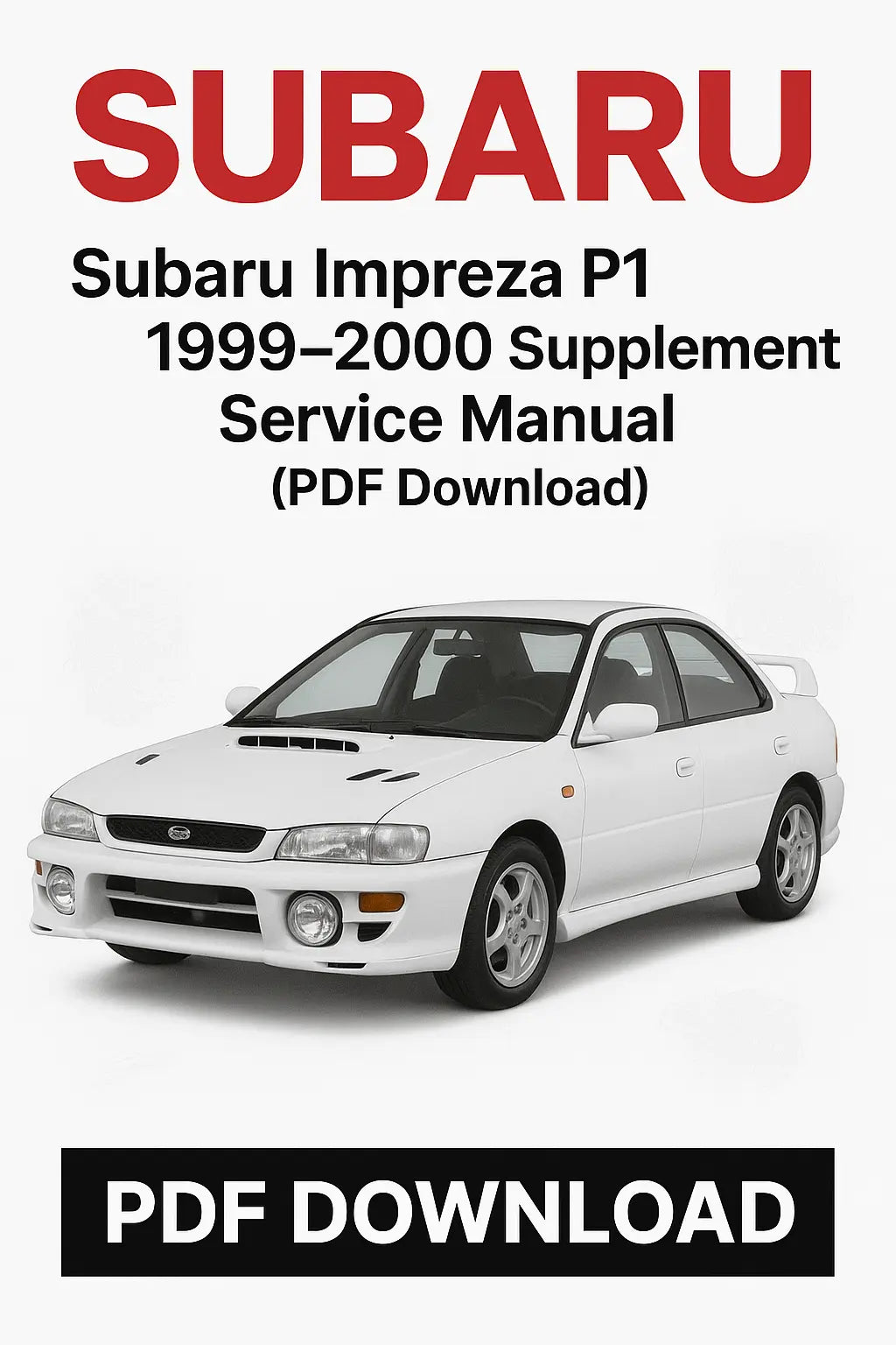 Subaru Impreza P1 1999-2000 supplement service manual PDF download with a white car on a white background
