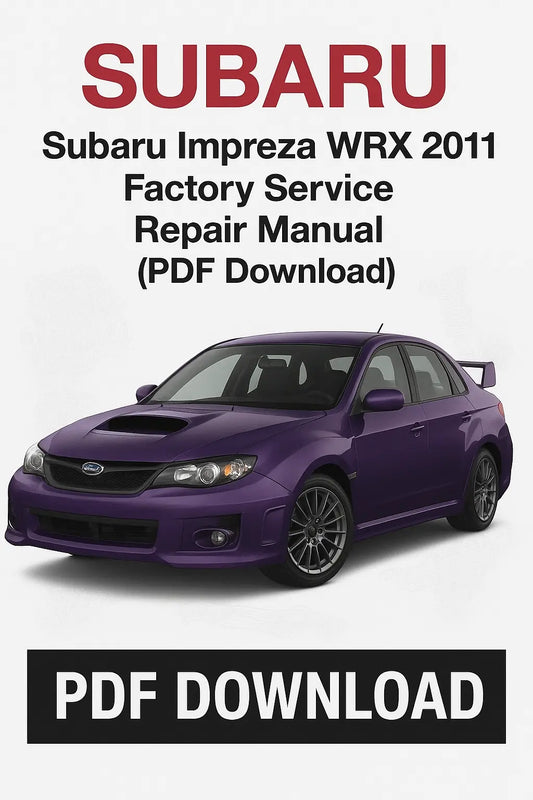 Purple Subaru Impreza WRX with text about 2011 factory service repair manual download on a white background