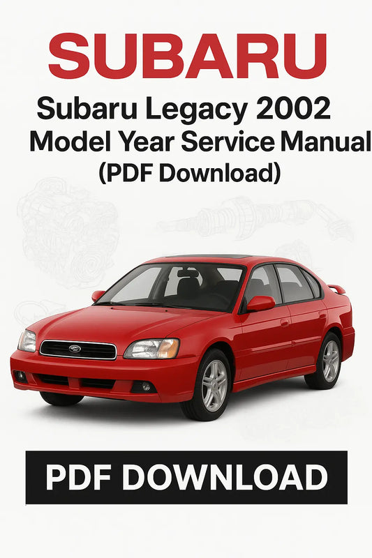 Red Subaru car with text about 2002 Subaru Legacy service manual PDF download on a white background