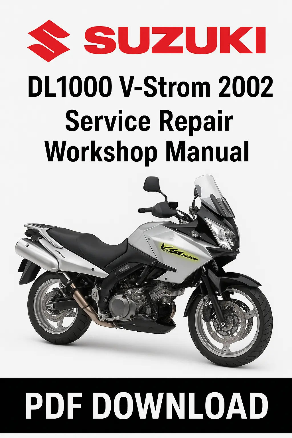 Suzuki DL1000 V-Strom 2002 Service Repair Workshop Manual cover with motorcycle image on a white background