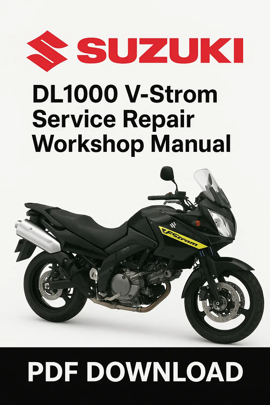 Suzuki DL1000 V-Strom service repair workshop manual PDF download on a white background with Suzuki logo.