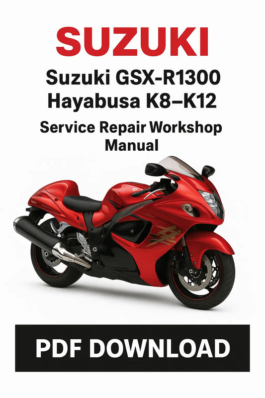 Red Suzuki motorcycle with text about Suzuki GSX-R1300 Hayabusa K8-K12 service repair workshop manual PDF download.