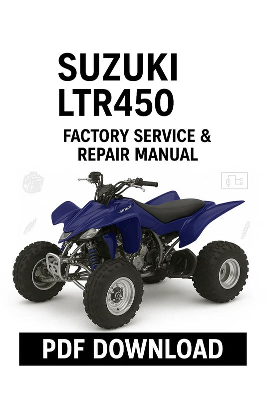 Suzuki LTR450 ATV with text 'Factory Service & Repair Manual PDF Download' on a white background