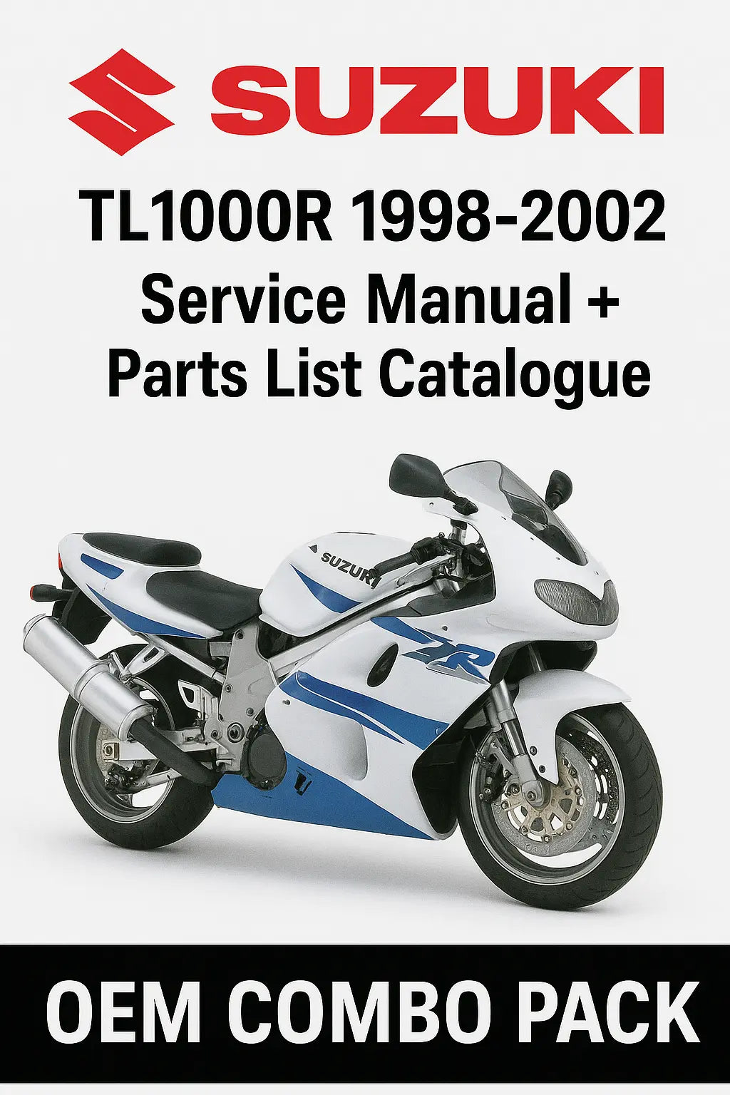 Suzuki TL1000R 1998-2002 Service Manual and Parts List Catalogue cover with a motorcycle on a white background.