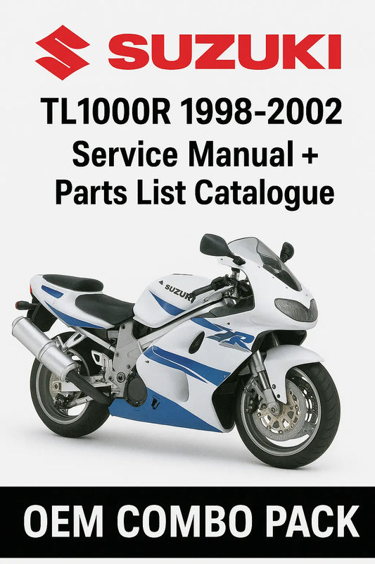 Suzuki TL1000R 1998-2002 Service Manual and Parts List Catalogue cover with a motorcycle on a white background.