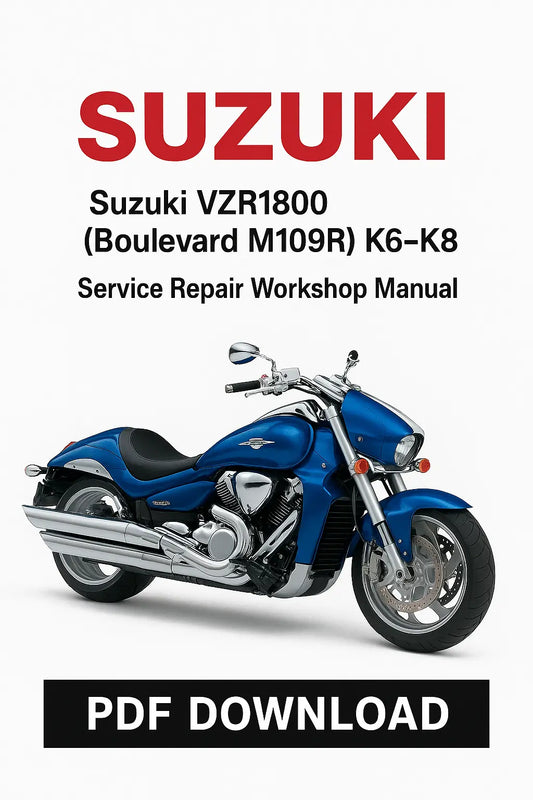 Suzuki VZR1800 Boulevard M109R K6-K8 service repair workshop manual PDF download with a blue motorcycle on a white background.