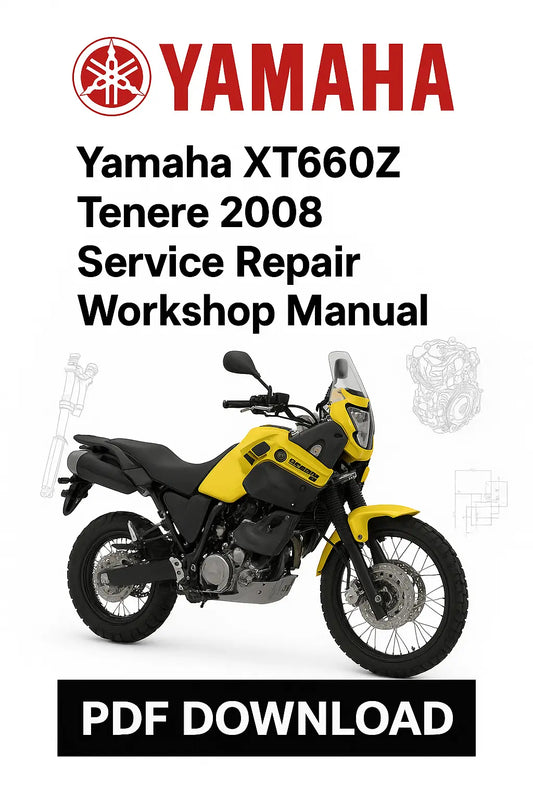 Yamaha XT660Z Tenere 2008 Service Repair Workshop Manual PDF Download on a white background with Yamaha logo.