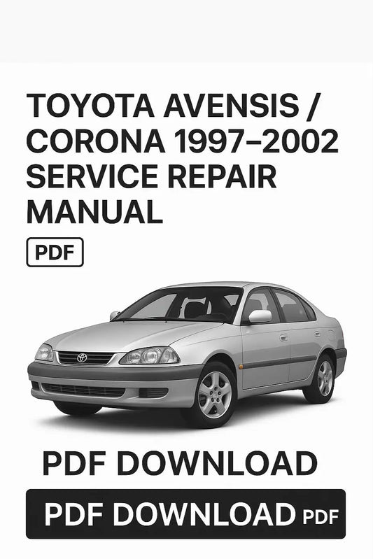 Cover image showing Toyota Avensis Corona 1997 to 2002 model with professional service repair manual branding and clean white background