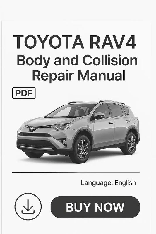 Front cover of the Toyota RAV4 Body and Collision Repair Manual in PDF format featuring a grayscale image of the RAV4 SUV, with bold black title text, a "PDF" label, English language note, and a prominent "Buy Now" button on a white background.