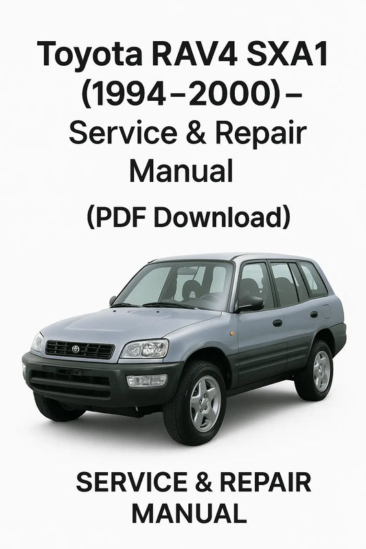 Cover image of the Toyota RAV4 SXA1 (1994–2000) Service & Repair Manual in PDF format, featuring a clear front-side view of a silver Toyota RAV4 SUV against a white background with bold black title text displaying "Toyota RAV4 SXA1 (1994–2000) – Service & Repair Manual (PDF Download)" and additional label "SERVICE & REPAIR MANUAL" at the bottom.