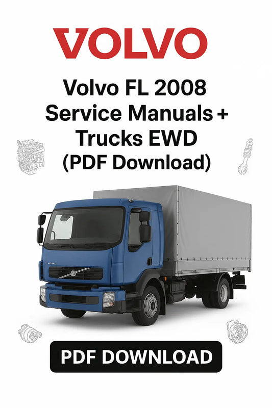 Promotional image for Volvo FL 2008 service manuals and EWD software with a blue truck on a white background.