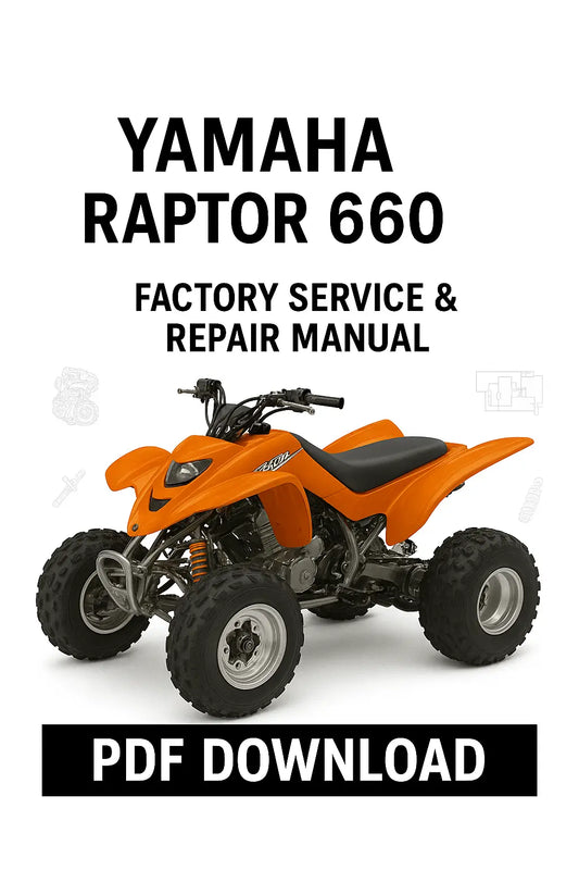 Orange Yamaha Raptor 660 ATV with text about factory service and repair manual on a white background