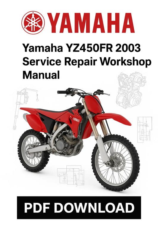 Yamaha YZ450FR 2003 Service Repair Workshop Manual PDF Download on a white background with Yamaha logo.