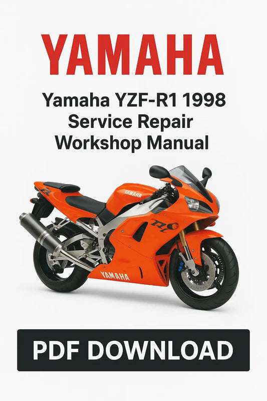 Yamaha YZF-R1 1998 Service Repair Workshop Manual PDF Download on a white background with an orange motorcycle.