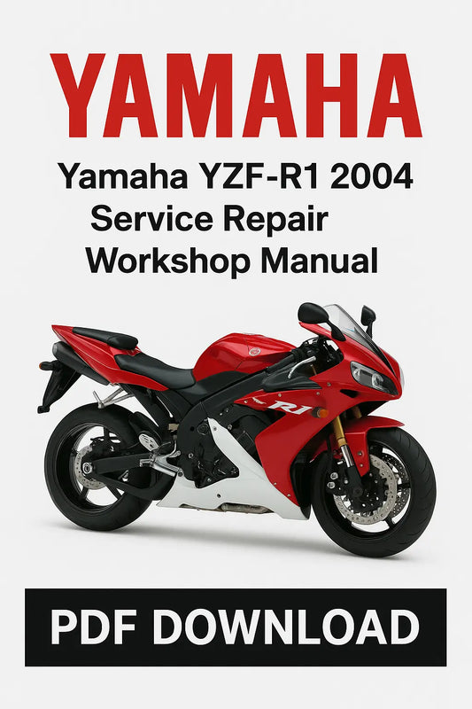 Yamaha YZF-R1 2004 Service Repair Workshop Manual PDF Download on a white background with a red and black motorcycle.