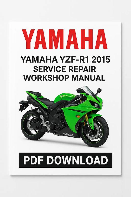 Yamaha YZF-R1 2015 Service Repair Workshop Manual PDF Download on a white background with a green and black motorcycle.